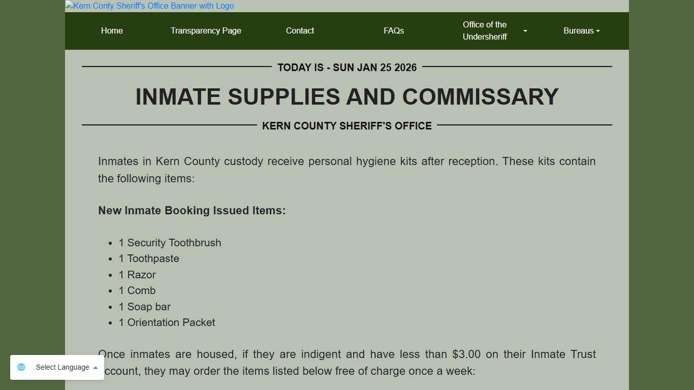 Inmate Supplies and Commissary KCSO